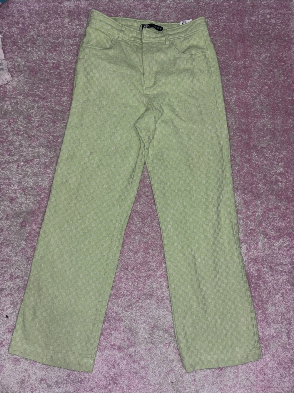 Zara Light Green Straight-Leg Textured Pants